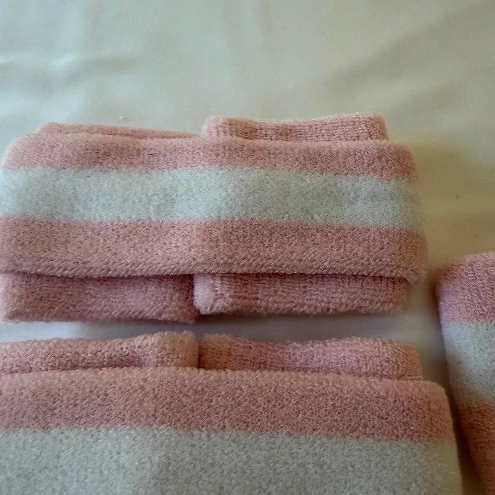 Pink White Striped Terry Cloth Sweatband 3 sets Headbands Wristbands Athletic